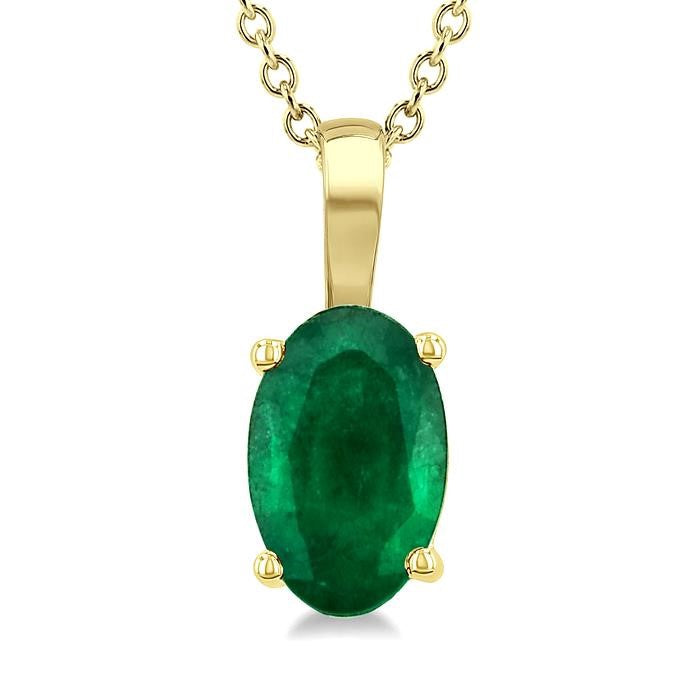 6X4 MM Oval Shape Emerald Precious Solitaire Pendant With Chain in 14K Yellow Gold