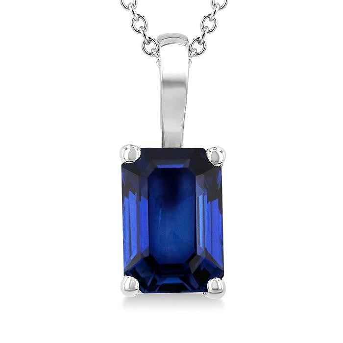 6X4 MM Octagon Shape Sapphire Precious Solitaire Pendant With Chain in 14K White Gold
