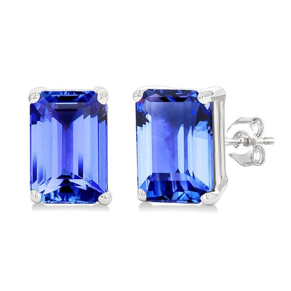 6X4 MM Octagon Shape Tanzanite Precious Gemstone Stud Earrings in 14K White Gold