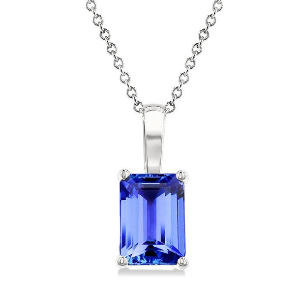 7X5MM Octagon Shape Tanzanite Precious Solitaire Pendant With Chain in 14K White Gold