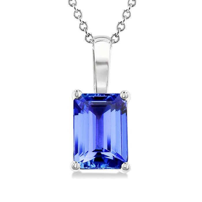 7X5MM Octagon Shape Tanzanite Precious Solitaire Pendant With Chain in 14K White Gold