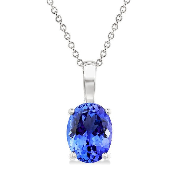 7X5MM Solitaire Oval Cut Tanzanite Precious Pendant With Chain in 14K White Gold