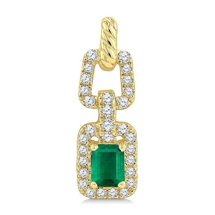 1/4 Ctw 4X3MM Octagon Shape Emerald and Round Cut Diamond Halo Precious Link Earrings in 14K Yellow Gold