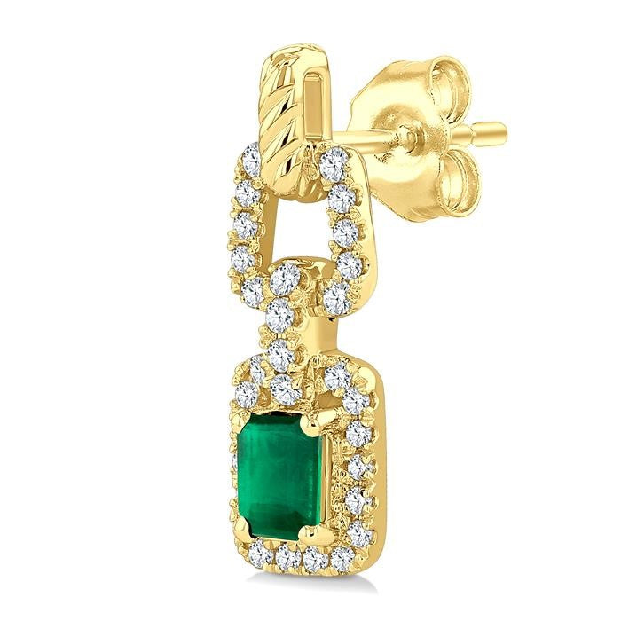 1/4 Ctw 4X3MM Octagon Shape Emerald and Round Cut Diamond Halo Precious Link Earrings in 14K Yellow Gold