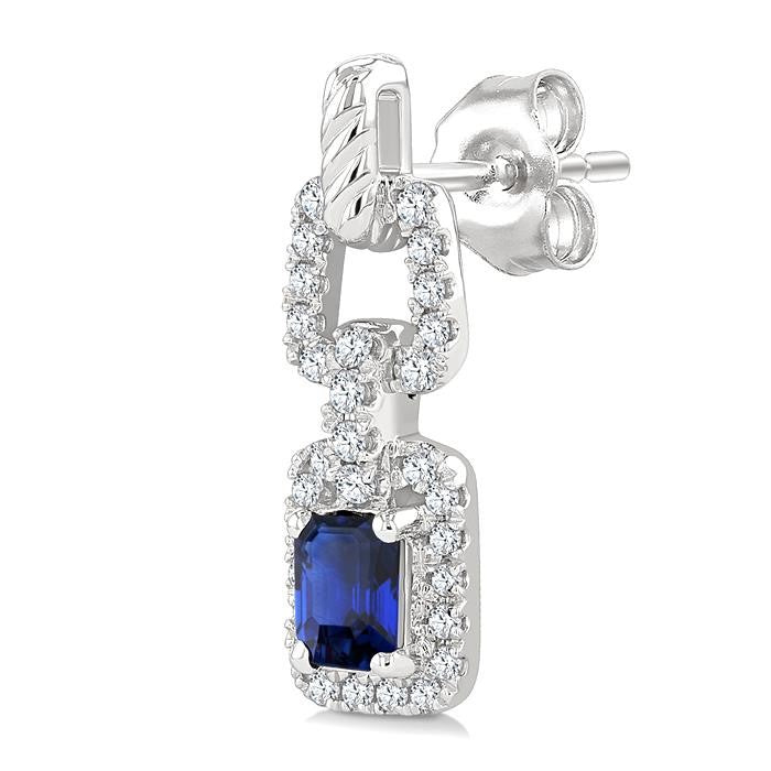 1/4 Ctw 4X3MM Octagon Shape Sapphire and Round Cut Diamond Halo Precious Link Earrings in 14K White Gold