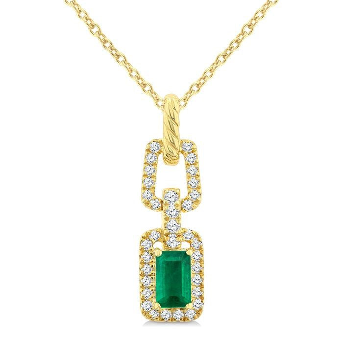1/6 Ctw 5X3MM Octagon Shape Emerald and Round Cut Diamond Halo Precious Link Pendant With Chain in 14K Yellow Gold