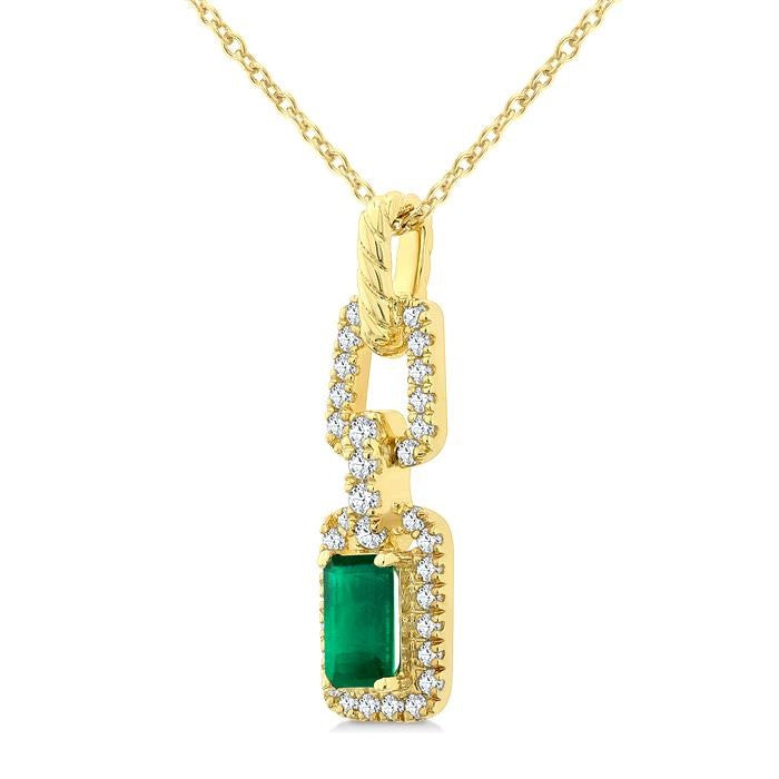 1/6 Ctw 5X3MM Octagon Shape Emerald and Round Cut Diamond Halo Precious Link Pendant With Chain in 14K Yellow Gold