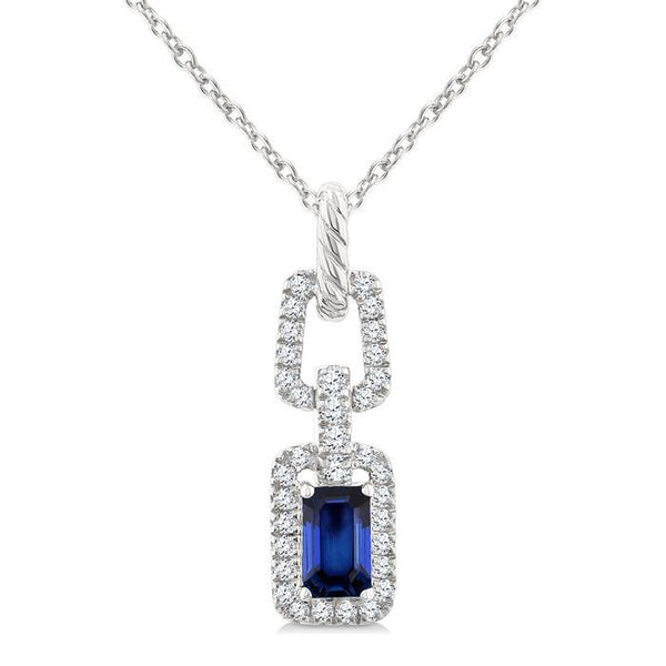 1/6 Ctw 5X3MM Octagon Shape Sapphire and Round Cut Diamond Halo Precious Link Pendant With Chain in 14K White Gold