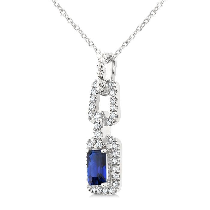 1/6 Ctw 5X3MM Octagon Shape Sapphire and Round Cut Diamond Halo Precious Link Pendant With Chain in 14K White Gold
