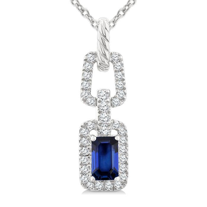 1/6 Ctw 5X3MM Octagon Shape Sapphire and Round Cut Diamond Halo Precious Link Pendant With Chain in 14K White Gold