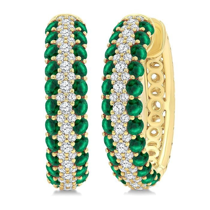 1/2 Ctw 2MM Round Cut Emerald and Round Cut Diamond Precious Hoop Earrings in 14K Yellow Gold