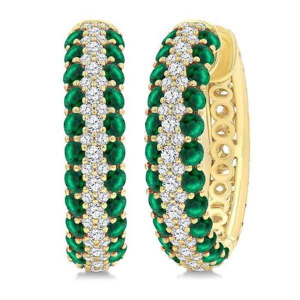 1/2 Ctw 2MM Round Cut Emerald and Round Cut Diamond Precious Hoop Earrings in 14K Yellow Gold