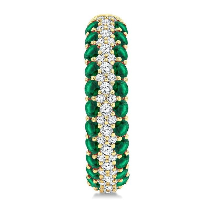 1/2 Ctw 2MM Round Cut Emerald and Round Cut Diamond Precious Hoop Earrings in 14K Yellow Gold