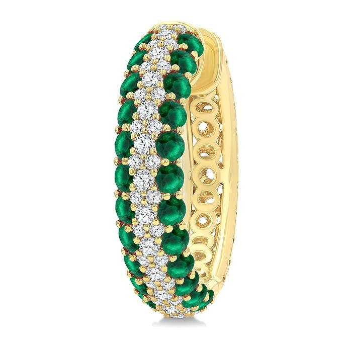 1/2 Ctw 2MM Round Cut Emerald and Round Cut Diamond Precious Hoop Earrings in 14K Yellow Gold