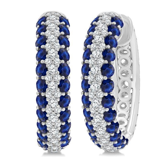 1/2 Ctw 2MM Round Cut Sapphire and Round Cut Diamond Precious Hoop Earrings in 14K White Gold