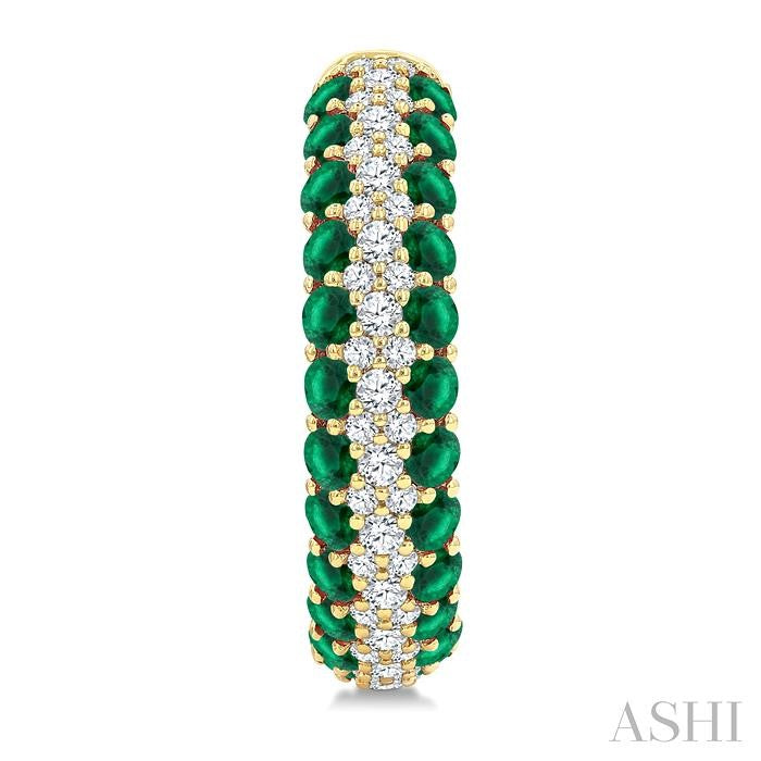 1/2 Ctw 2MM Round Cut Emerald and Round Cut Diamond Precious Hoop Earrings in 14K Yellow Gold