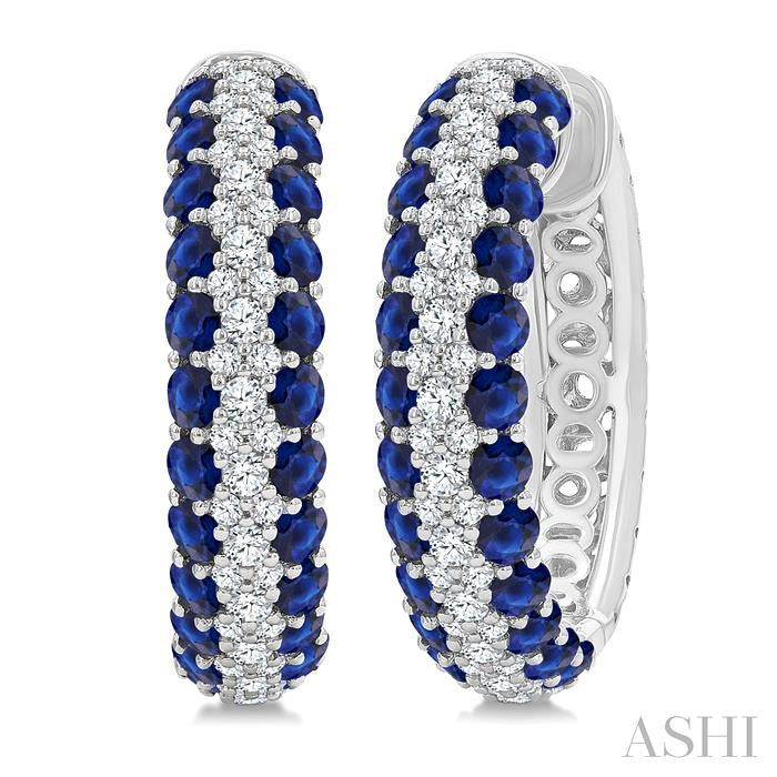 1/2 Ctw 2MM Round Cut Sapphire and Round Cut Diamond Precious Hoop Earrings in 14K White Gold