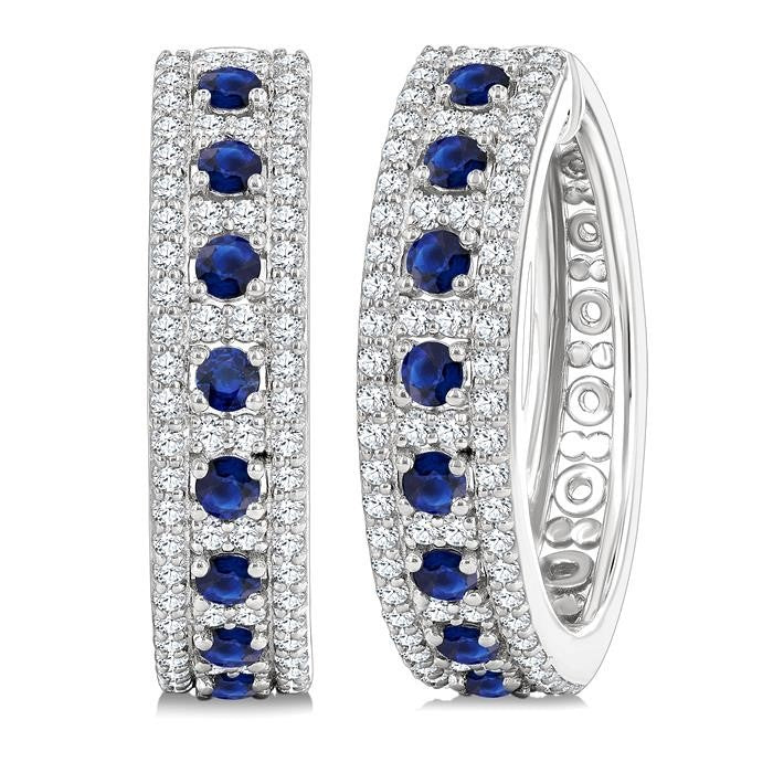 3/4 Ctw 2 MM Round Cut Sapphire and Round Cut Diamond Precious Hoop Earrings in 14K White Gold