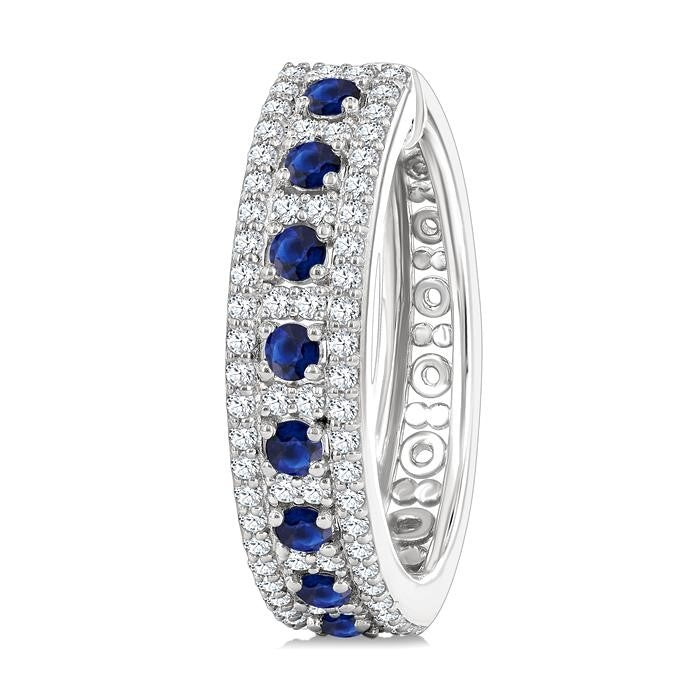 3/4 Ctw 2 MM Round Cut Sapphire and Round Cut Diamond Precious Hoop Earrings in 14K White Gold