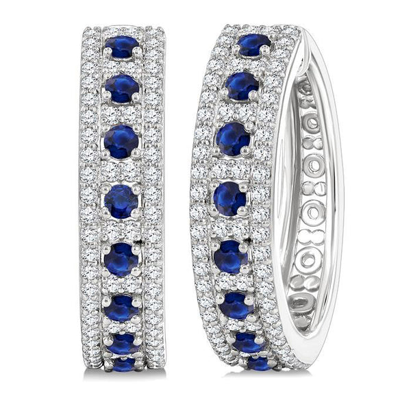 3/4 Ctw 2 MM Round Cut Sapphire and Round Cut Diamond Precious Hoop Earrings in 14K White Gold