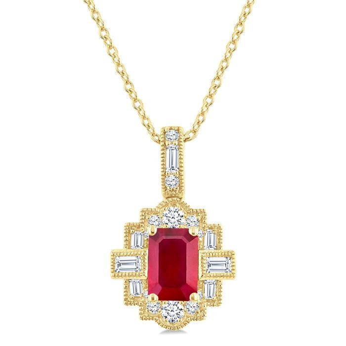 6X4 MM Octagon Shape Ruby and 1/4 Ctw Round and Baguette Cut Diamond Precious Pendant With Chain in 14K Yellow Gold
