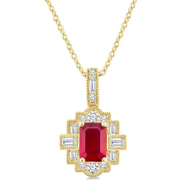 6X4 MM Octagon Shape Ruby and 1/4 Ctw Round and Baguette Cut Diamond Precious Pendant With Chain in 14K Yellow Gold