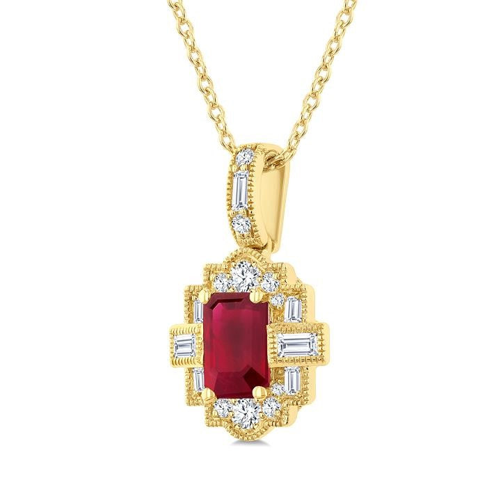 6X4 MM Octagon Shape Ruby and 1/4 Ctw Round and Baguette Cut Diamond Precious Pendant With Chain in 14K Yellow Gold