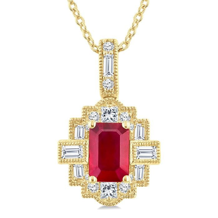 6X4 MM Octagon Shape Ruby and 1/4 Ctw Round and Baguette Cut Diamond Precious Pendant With Chain in 14K Yellow Gold