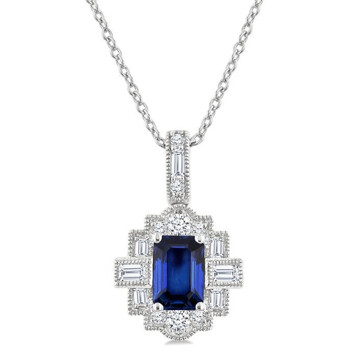 6X4 MM Octagon Shape Sapphire and 1/4 Ctw Round and Baguette Cut Diamond Precious Pendant With Chain in 14K White Gold