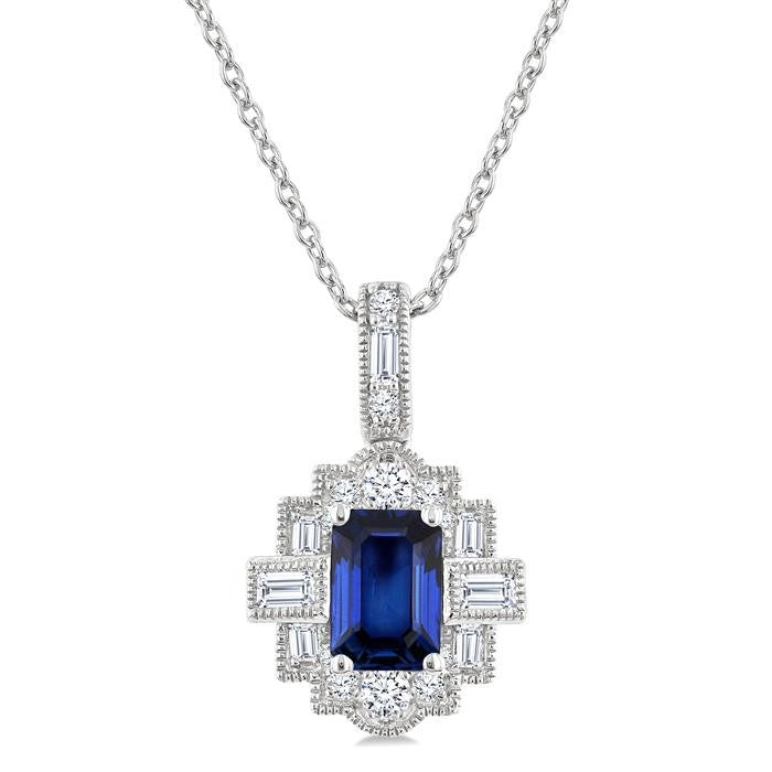6X4 MM Octagon Shape Sapphire and 1/4 Ctw Round and Baguette Cut Diamond Precious Pendant With Chain in 14K White Gold