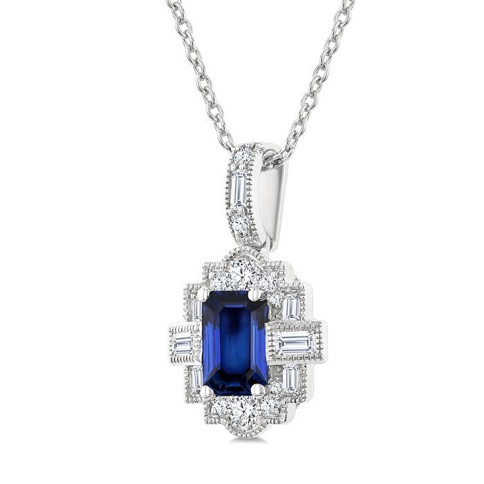 6X4 MM Octagon Shape Sapphire and 1/4 Ctw Round and Baguette Cut Diamond Precious Pendant With Chain in 14K White Gold