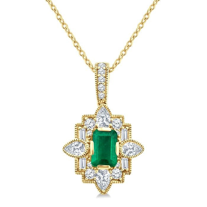 5/8 Ctw Art Deco 6X4MM Octagon Shape Emerald and Mixed Diamond Cut Precious Pendant With Chain in 14K Yellow Gold