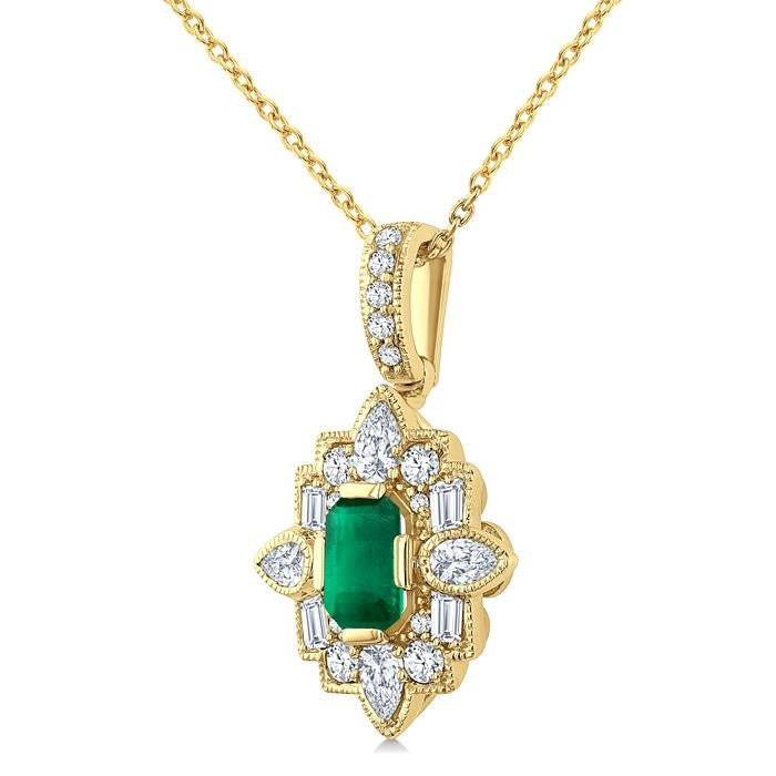 5/8 Ctw Art Deco 6X4MM Octagon Shape Emerald and Mixed Diamond Cut Precious Pendant With Chain in 14K Yellow Gold