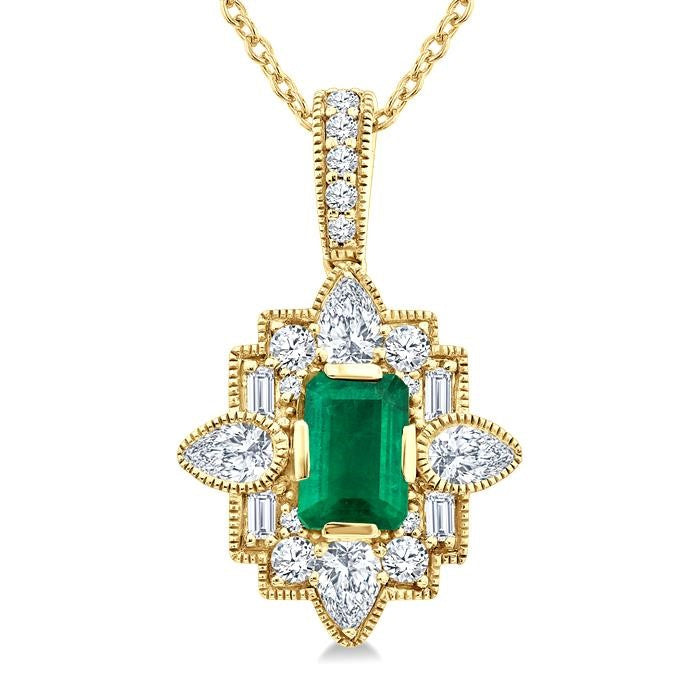 5/8 Ctw Art Deco 6X4MM Octagon Shape Emerald and Mixed Diamond Cut Precious Pendant With Chain in 14K Yellow Gold
