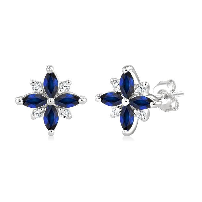 4X2 MM Marquise Shape Sapphire and 1/10 Ctw Round Cut Diamond Blossom Earrings in 10K White Gold