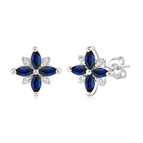 4X2 MM Marquise Shape Sapphire and 1/10 Ctw Round Cut Diamond Blossom Earrings in 10K White Gold