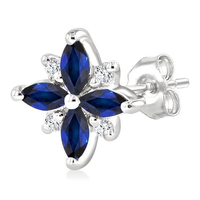 4X2 MM Marquise Shape Sapphire and 1/10 Ctw Round Cut Diamond Blossom Earrings in 10K White Gold