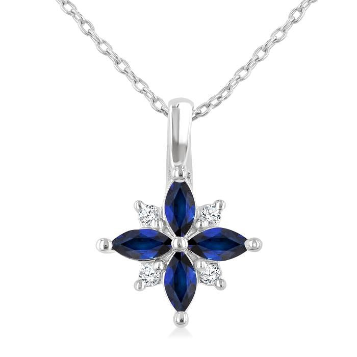 4X2 MM Marquise Shape Sapphire and 1/20 Ctw Round Cut Diamond Blossom Pendant With Chain in 10K White Gold