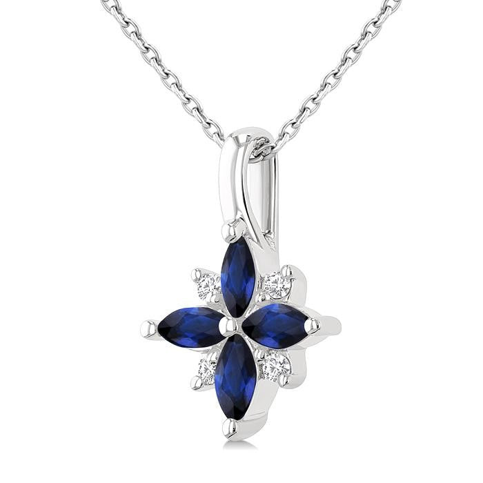 4X2 MM Marquise Shape Sapphire and 1/20 Ctw Round Cut Diamond Blossom Pendant With Chain in 10K White Gold
