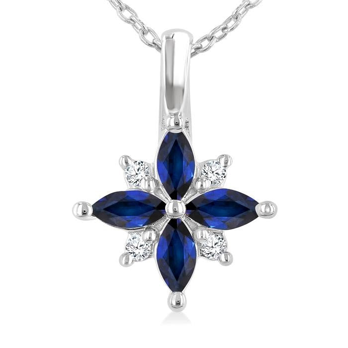 4X2 MM Marquise Shape Sapphire and 1/20 Ctw Round Cut Diamond Blossom Pendant With Chain in 10K White Gold