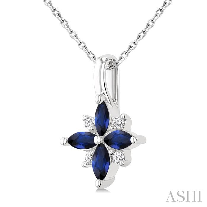 4X2 MM Marquise Shape Sapphire and 1/20 Ctw Round Cut Diamond Blossom Pendant With Chain in 10K White Gold