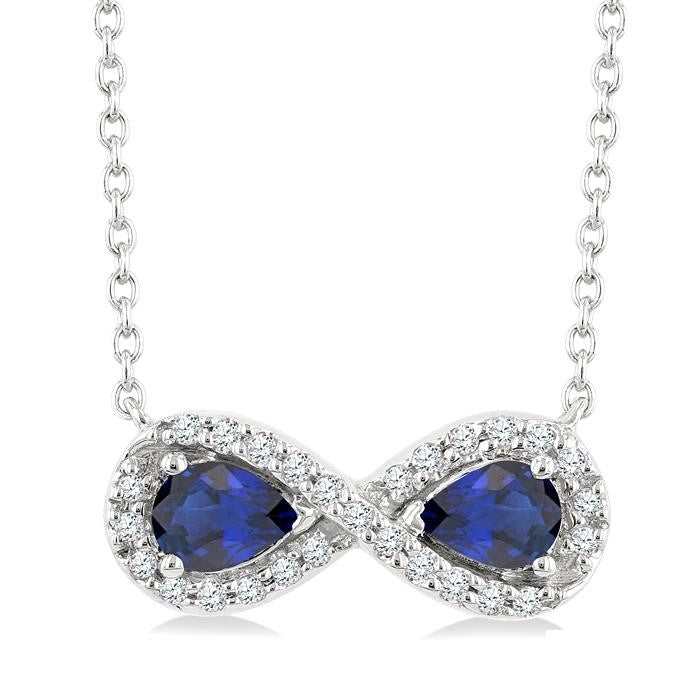 4X3 MM Pear Shape Sapphire and 1/10 Ctw Round Cut Diamond Precious Infinite Halo Pendant With Chain in 10K White Gold