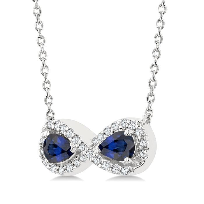 4X3 MM Pear Shape Sapphire and 1/10 Ctw Round Cut Diamond Precious Infinite Halo Pendant With Chain in 10K White Gold