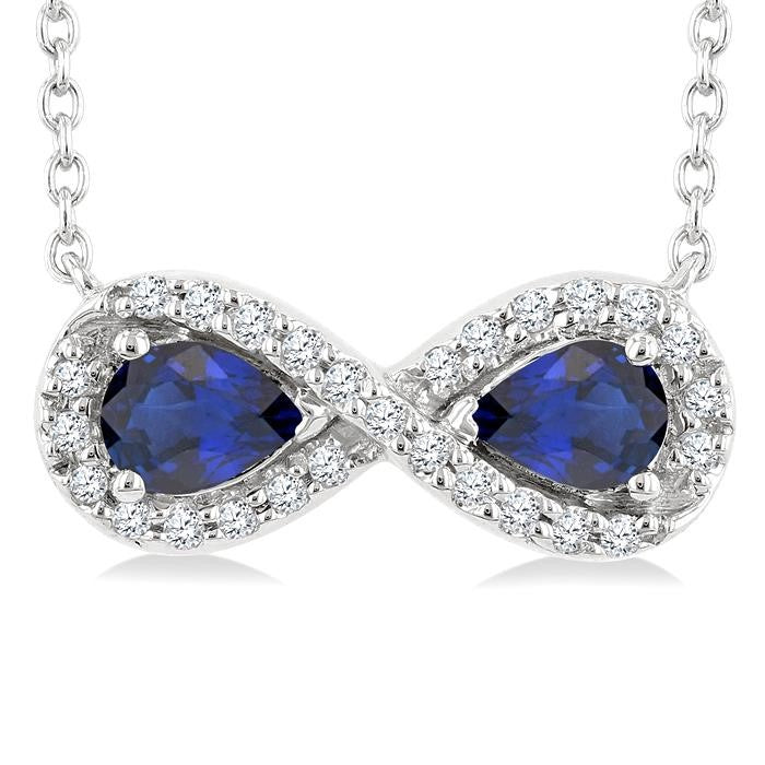 4X3 MM Pear Shape Sapphire and 1/10 Ctw Round Cut Diamond Precious Infinite Halo Pendant With Chain in 10K White Gold