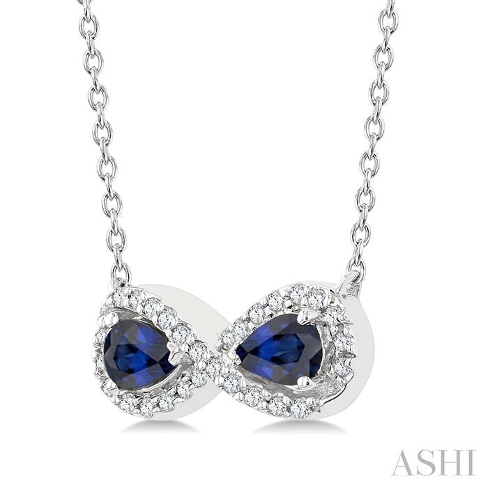 4X3 MM Pear Shape Sapphire and 1/10 Ctw Round Cut Diamond Precious Infinite Halo Pendant With Chain in 10K White Gold