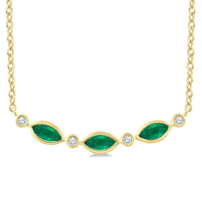 4X2 MM Marquise Shape Emerald and 1/50 Ctw Round Cut Diamond Precious Bar Necklace in 10K Yellow Gold
