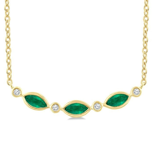 4X2 MM Marquise Shape Emerald and 1/50 Ctw Round Cut Diamond Precious Bar Necklace in 10K Yellow Gold
