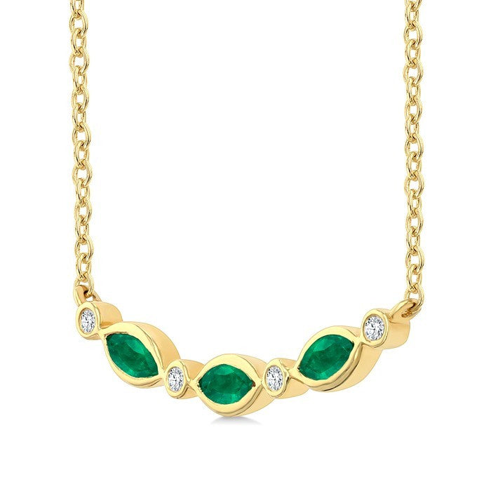 4X2 MM Marquise Shape Emerald and 1/50 Ctw Round Cut Diamond Precious Bar Necklace in 10K Yellow Gold