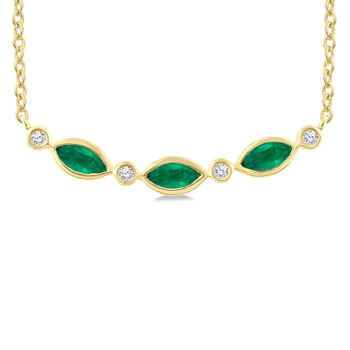 4X2 MM Marquise Shape Emerald and 1/50 Ctw Round Cut Diamond Precious Bar Necklace in 10K Yellow Gold