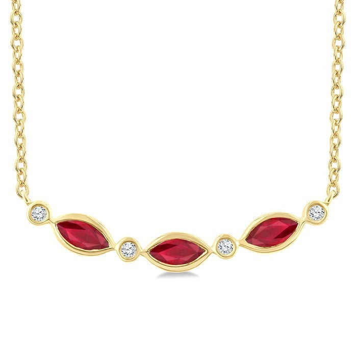 4X2 MM Marquise Shape Ruby and 1/50 Ctw Round Cut Diamond Precious Bar Necklace in 10K Yellow Gold